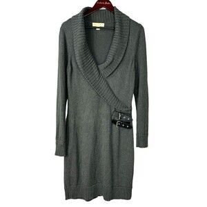 Michael Kors Women Sz L Gray Faux Wrap Sweater Dress Buckle Cowl Neck Ribbed T4